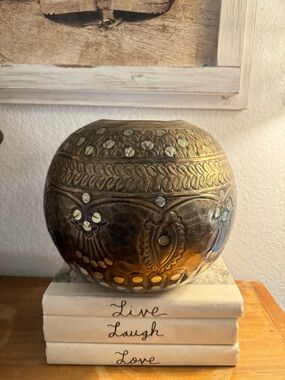 Vintage Brass Round Sphere Planter/Vase Floral Thistle Geometric Designs 9"d 8”h